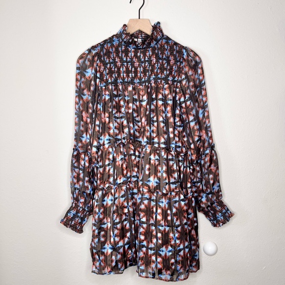 Elan Women's Brown Geo Foil Celia Dress Medium Long Sleeve High Neck Babydoll - Picture 3 of 10